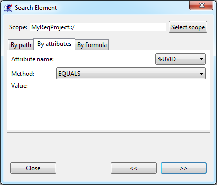 Окно поиска 'Search Element': вкладка 'By attributes'