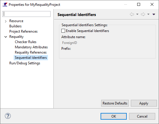 Окно настроек проекта Requality: порядковые идентификаторы