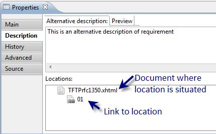 Description tab in Properties view for requirement