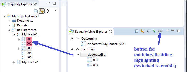 The mode of highlighting linked nodes in the 'Requality Links Explorer' window